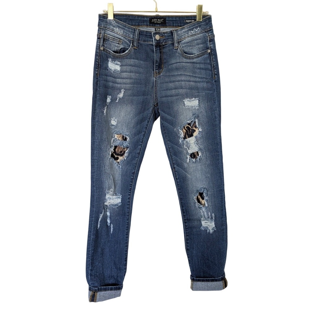Judy Blue Leopard Patch Skinny Jeans Women 7/28 Blue Distressed Animal Print